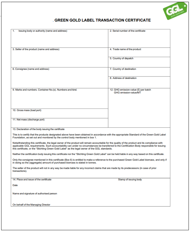 Download Green Gold Label (GGL) transaction certificate template