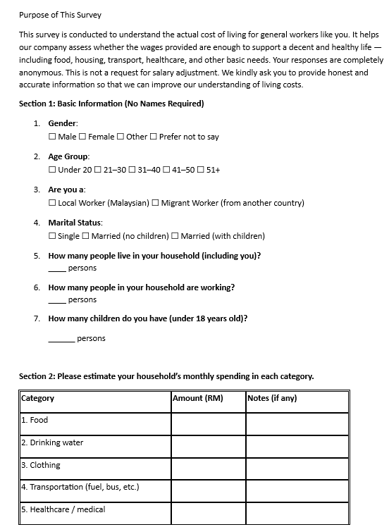 Living wage survey form. Consultant in malaysia
